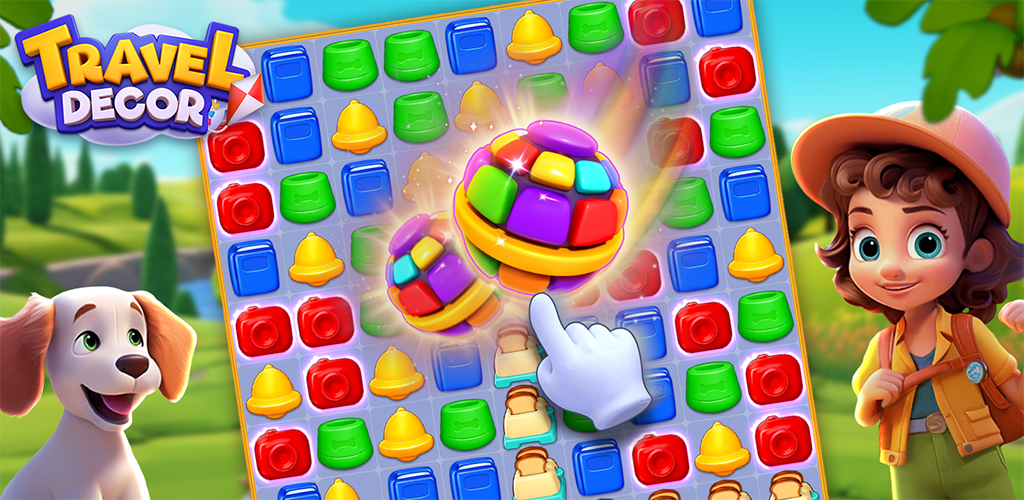 Match-3 gameplay with vibrant purple elements in Travel Decor